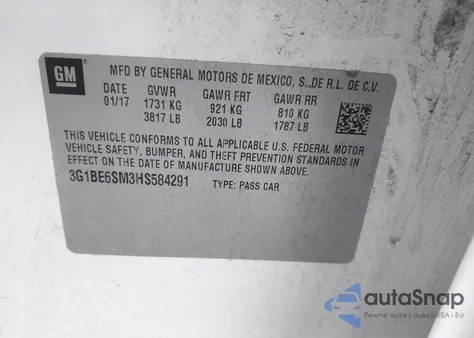 2017 Chevrolet Cruze Lt Auto from USA, damaged, VIN 3G1BE6SM3HS584291